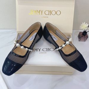 Jimmy Choo Ade Flats Fishnet Mesh And Patent Leather With Pearl Embellished Black