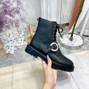 Jimmy Choo Cora Flat Combat Boots Calf Leather With Crystal Buckle Black