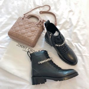 Jimmy Choo Cruz Flat Combat Boots Calf Leather With Crystal Detail Black