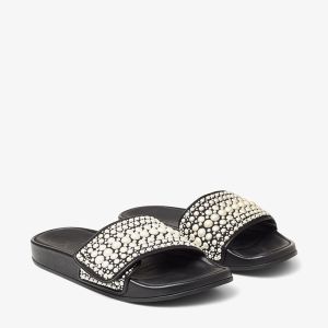 Jimmy Choo Fitz F Platform Slides Women Canvas And Leather With Pearls Black