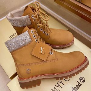 Jimmy Choo Timberland Boots Nubuck Leather With Crystal Embellishment Camel