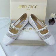 Jimmy Choo Ade Flats Fishnet Mesh And Patent Leather With Pearl Embellished White