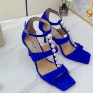 Jimmy Choo Aura 85 Sandals Suede With Pearls And Crystals Blue