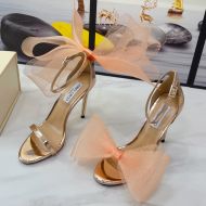 Jimmy Choo Aveline 100 Sandals Metallic Nappa With Oversized Mesh Bows Rose Gold