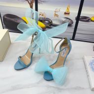 Jimmy Choo Aveline 100 Sandals Suede With Oversized Mesh Bows Sky Blue