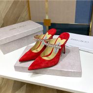 Jimmy Choo Bing Mules Suede With Crystal And Pearl Strap Red