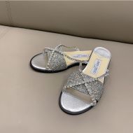 Jimmy Choo Minea Slides Glitter Fabric With Crystal Chain Silver