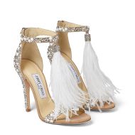 Jimmy Choo Viola 100 Sandals Suede With Crystal Embellished And Ostrich Feather Nude