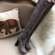 Jimmy Choo Maine 100 Knee Boots Suede With Crystal Embellished Heel Grey